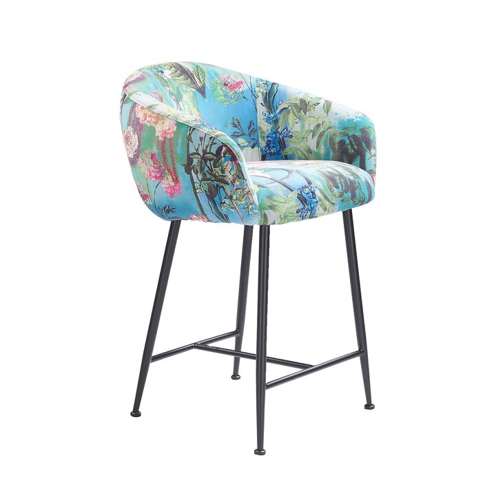 26 Inch Counter Stool Chair, Botanical Floral Print Blue Velvet, Black Legs - Benzara