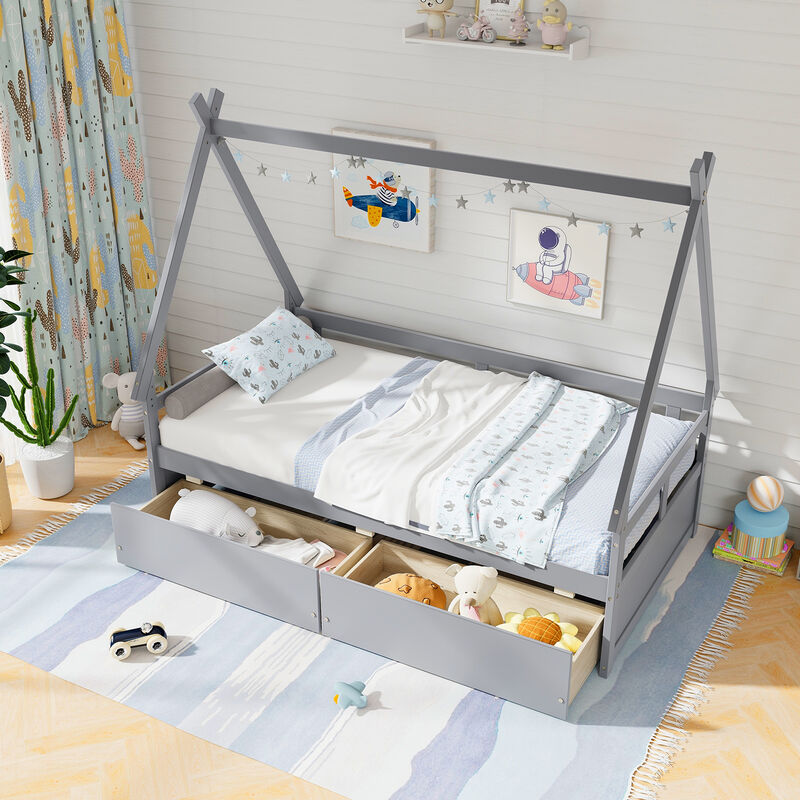 House Bed with Roof and Safety Guardrail