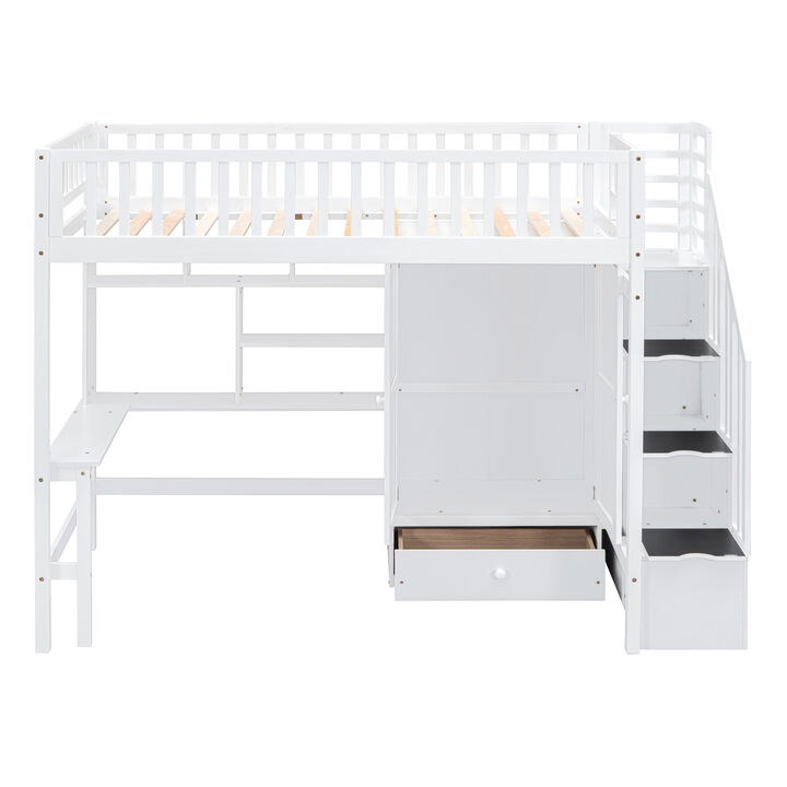 Twin Size Loft Bed With Bookshelf, Drawers, Desk, And Wardrobe White Twin Size Loft Bed With Bookshelf, Drawers, Desk, And Wardrobe White