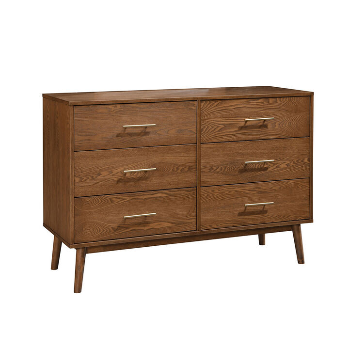 Roma 47 inch Wide Dresser, 6 Drawers, Nickel Handles, Walnut Brown Wood