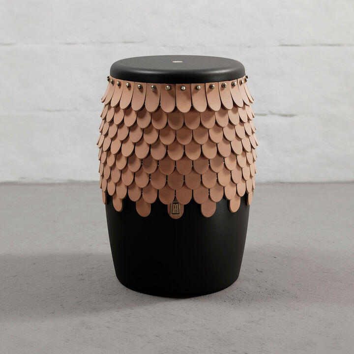 SITIERA_01 Solid Wood Stool, with Natural Thick Leather Accents, and Aged Bronze by ANDEAN, In Stock