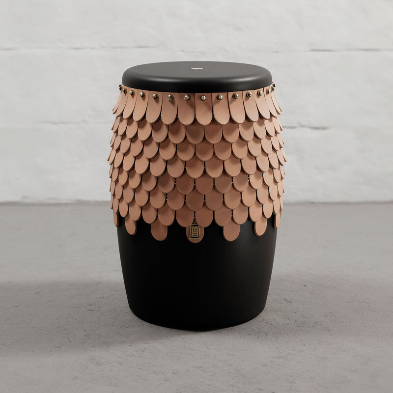 SITIERA_01 Solid Wood Stool, with Natural Thick Leather Accents, and Aged Bronze by ANDEAN, In Stock