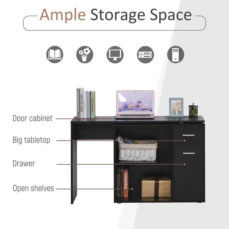 Black L-Shaped Desk: Corner Workstation, Rotating Shelves, Drawer