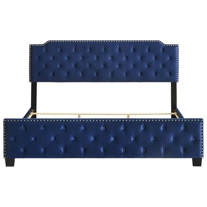 Agapi King Size Bed, Button Tufted, Nailhead Trim, Blue Fabric Upholstery - Benzara