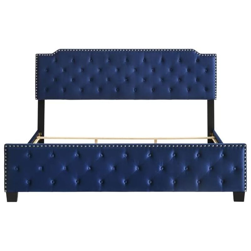 Agapi King Size Bed, Button Tufted, Nailhead Trim, Blue Fabric Upholstery - Benzara