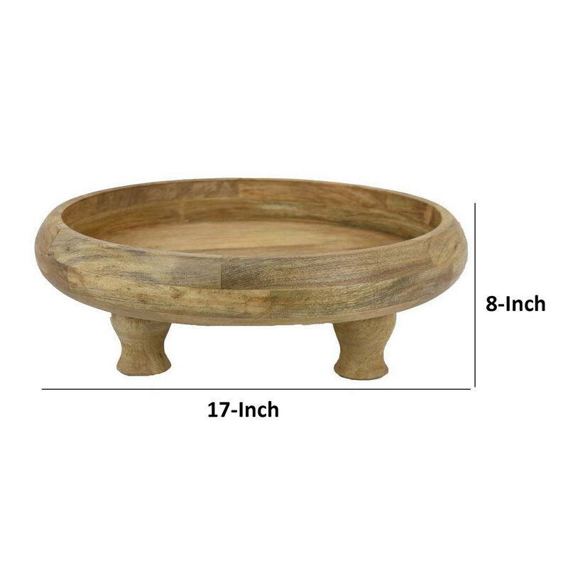 Remi 17 Inch Wood Decorative Bowl, Footed Pedestal Brown Solid Wood - Benzara