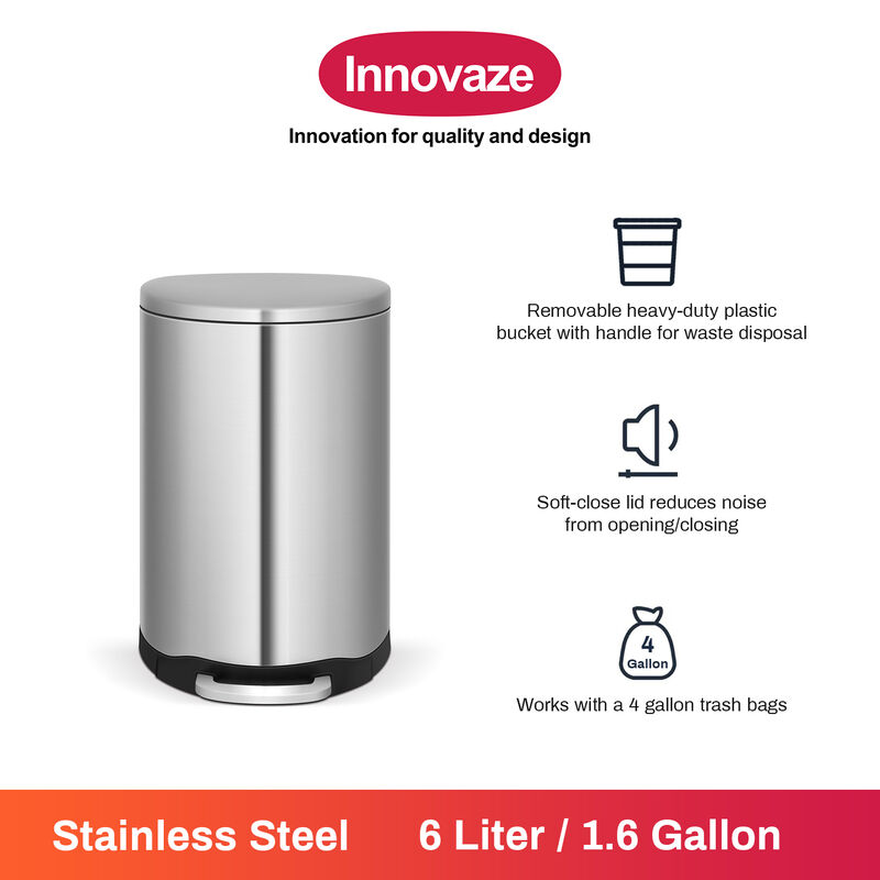 1.6 Gallon Step-On Stainless Steel Wastebasket with Lid