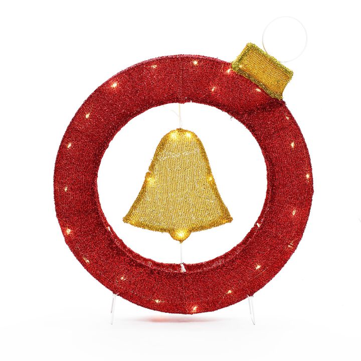 LuxenHome 1.9Ft Tall Ornament and Bell Wreath Outdoor Holiday Decoration with Lights