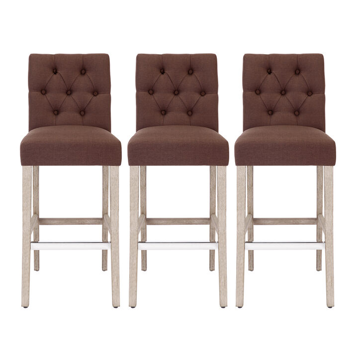WestinTrends 29" Linen Fabric Tufted Upholstered Bar Stool (Set of 3), Antique Grey
