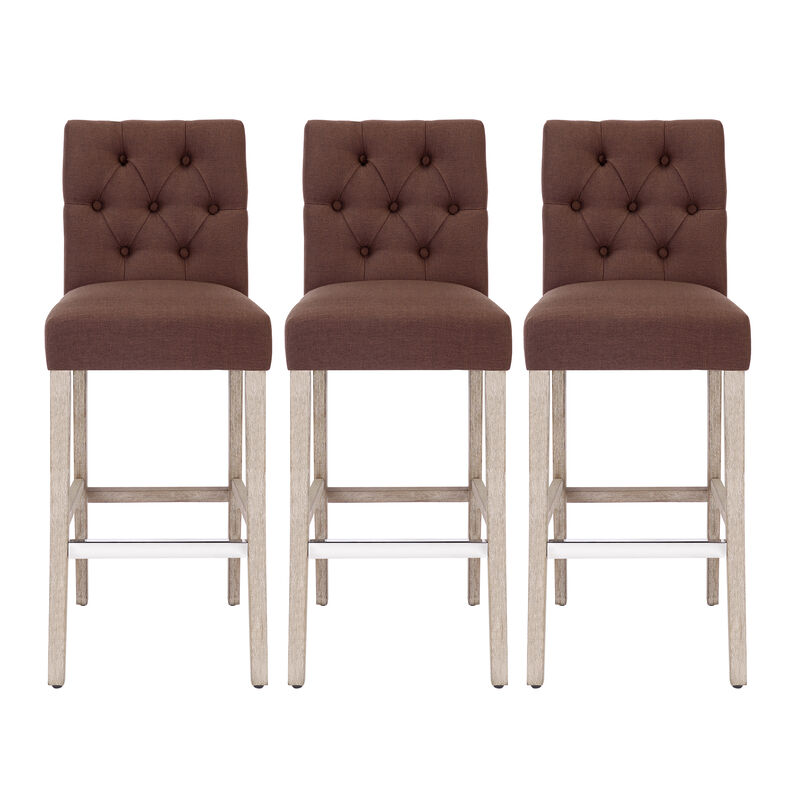 WestinTrends 29" Linen Fabric Tufted Upholstered Bar Stool (Set of 3), Antique Grey