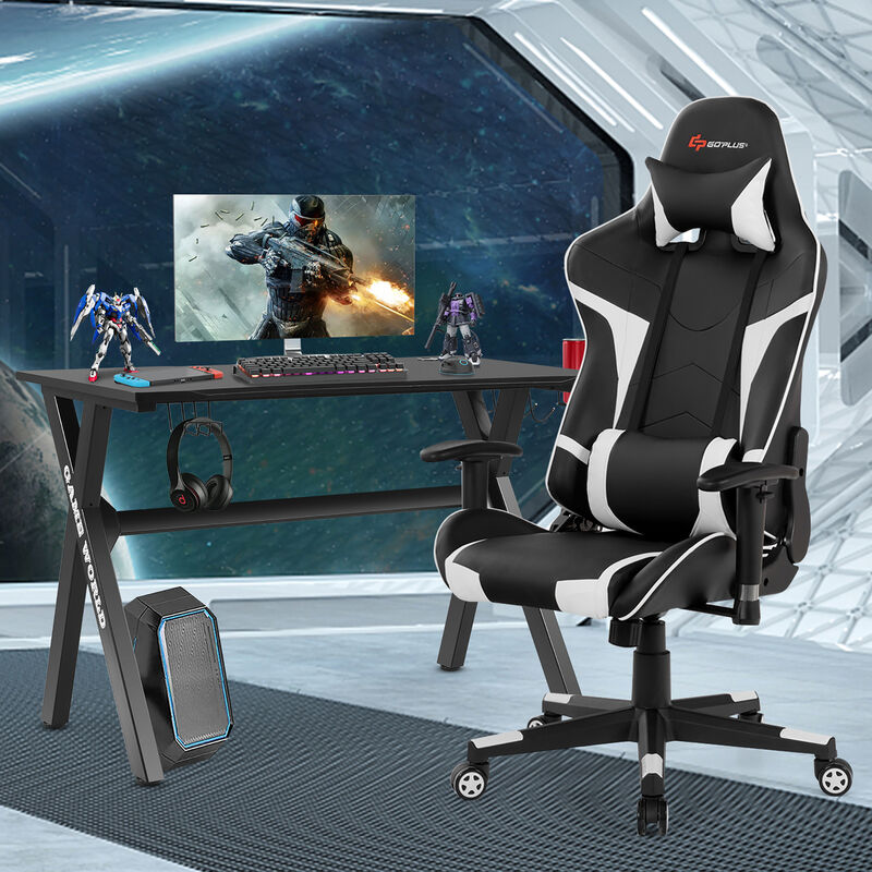 Goplus X-Shaped Gaming Desk & Racing Style Massage Chair Set Home Office Black+Grey