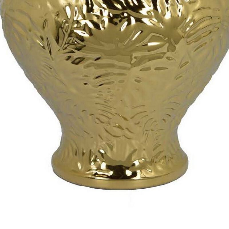 Aniea 18 Inch Accent Temple Jar, Geometric Design, Dome Lid, Gold Ceramic - Benzara