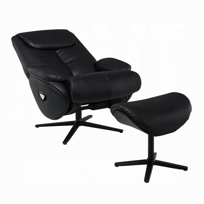 Nita Swivel Accent Chair with Ottoman, Plush Black Top Grain Leather - Benzara