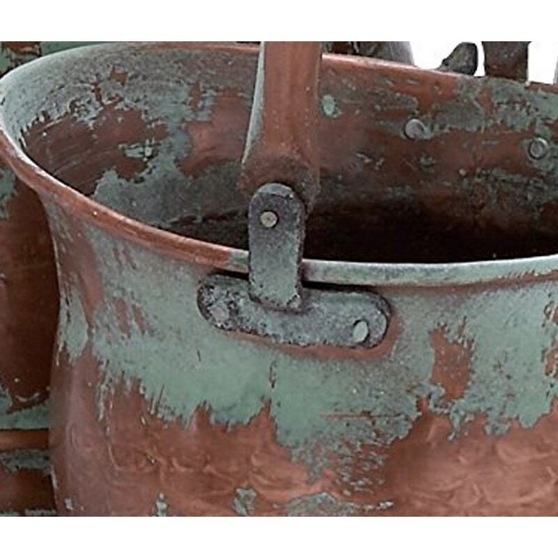 Tinged Metal Bucket Planter With Handles, Patina Rust Finish, Green, Set of 3-Benzara