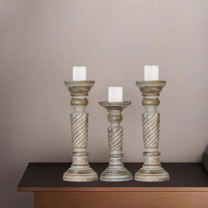 BBH Homes Traditional Gray Wash Eco-friendly Handmade Mango Wood Set Of Three 12",9" & 12" Pillar Candle Holder