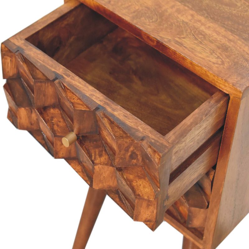 Mini Chestnut Cube Carved 2 Drawer Solid Wood Nightstand