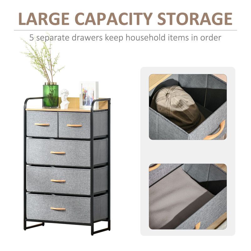 Light Gray Bedroom Tower: 5-Drawer Dresser with Steel Frame