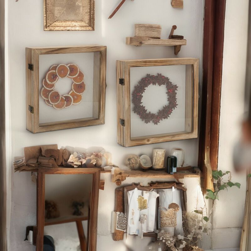 Set of 2 Fruit Wreath Shadow Boxes – Wood and Resin Wall Art for Rustic, Nature-Themed, and Farmhouse Living Rooms