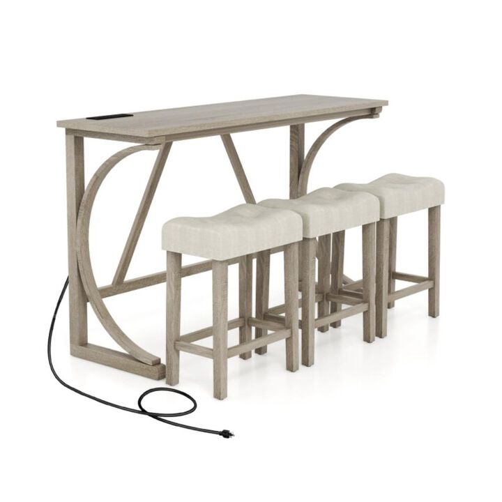 Hivvago 4-Piece Bar Table Set with Power Outlet and Upholstered Saddle Seat Stools