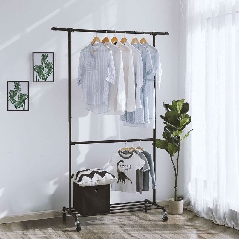 Hivvago Modern Industrial Style Black Powder Coated Garment Rack with Bottom Hanging Rod