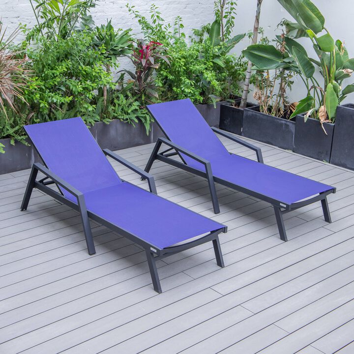 LeisureMod Marlin Patio Chaise Lounge Chairs with Armrests – Set of 2, Black Aluminum Frame & Dark Grey Cushion for Outdoor Relaxation
