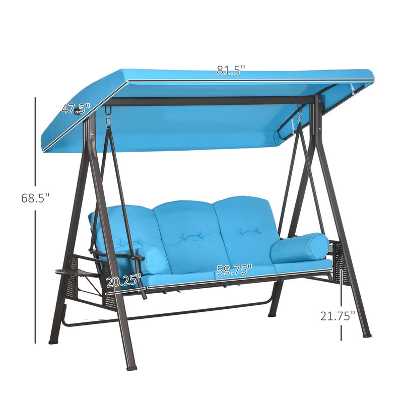 3-Person Outdoor Canopy Patio Cushioned Bench Patio Glider Swing Seat, Blue