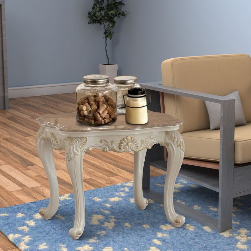 Wooden End Table With Marble Top, Pearl White-Benzara