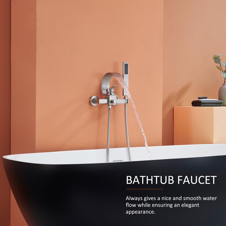Mondawe Luxury Wall Mounteded C-Shape  Single Handle Shower Tub Kit with 2-Spray Waterfall Tub Spout and Handheld Shower Faucet in Brushed Nickel