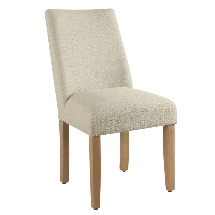 Fabric Upholstered Wooden Dining Chair, Angled Curved Backrest, Beige - Benzara