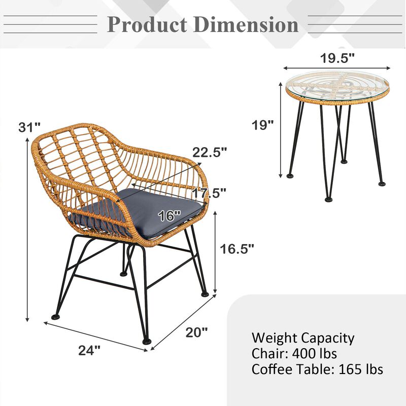 3 Pieces Rattan Furniture Set with Cushioned Chair Table