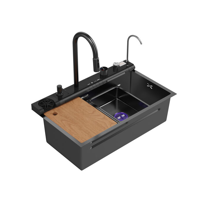FUFU&GAGA  304 Stainless Steel Kitchen Sink with PVD Nano Black Coating & Smart Features, (29.5" L x 17.7" W x 8.7" H), Black