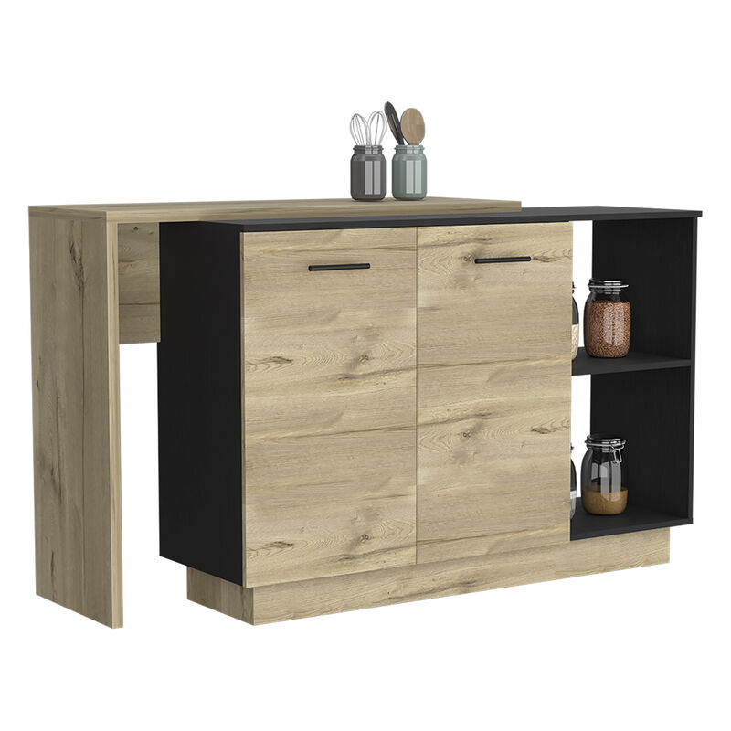 DEPOT E-SHOP Creta Kitchen Island, Double Door Cabinets, Two External Shelves, Three Shelves, Black / Light Oak