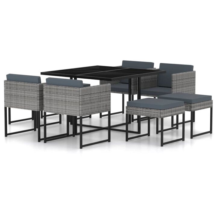 vidaXL 9 Piece Garden Dining Set with Cushions Poly Rattan Gray