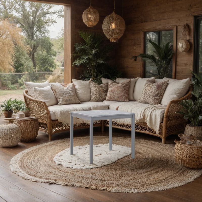 Outdoor Side End Table, 32 Inch Square Slatted Top, Sanded Gray Finish - Benzara
