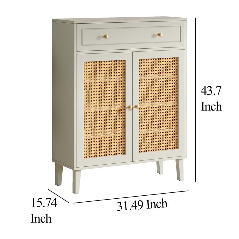 Sideboard Cabinet Console, Drawer, 2 Rattan Woven Doors, 44 Inch White - Benzara