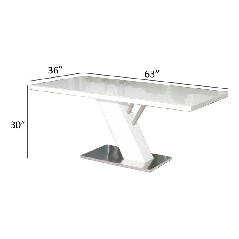 63 Inch Dining Table, Modern White Lacquered Rectangular Top, Steel Base - Benzara