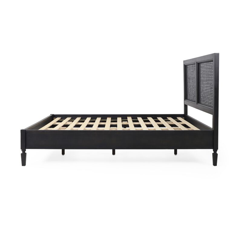 Queen Bed, Cane Rattan Upholstered Headboard, Dark Gray Acacia Wood - Benzara