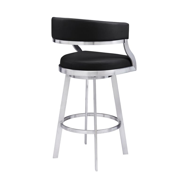 26 Inch Curved Seat Leatherette Swivel Barstool, Silver and Black-Benzara