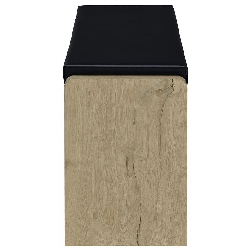 Aryn Storage Bench, Adjustable Shelf, Black Faux Leather, Oak Brown - Benzara