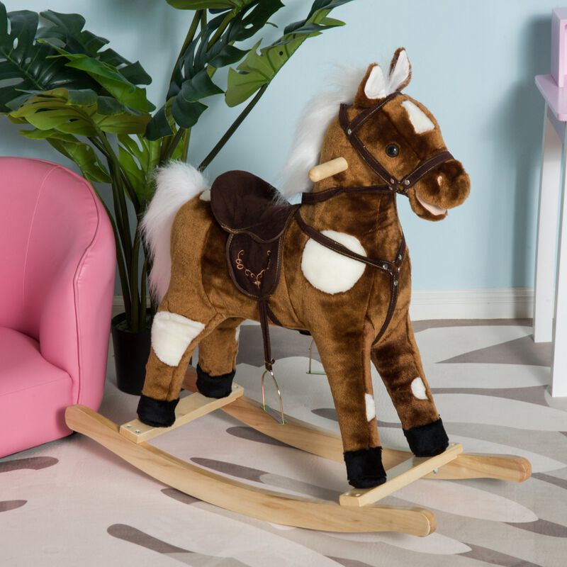 Musical Kiddie Ride: Dark Metal Plush Rocking Horse with Nursery Rhymes