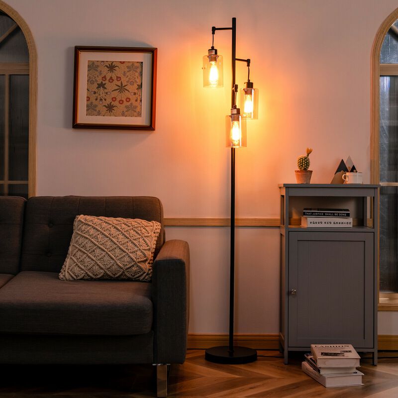 Floor Lamp with 3-Head Hanging Amber Glass Shades for Living Room or Bedroom Decor