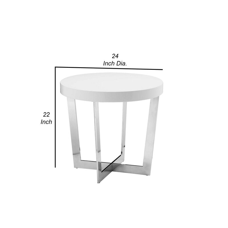 Tini 24 Inch Side End Table, Round Shaped Top, Metal Frame, White Finish - Benzara