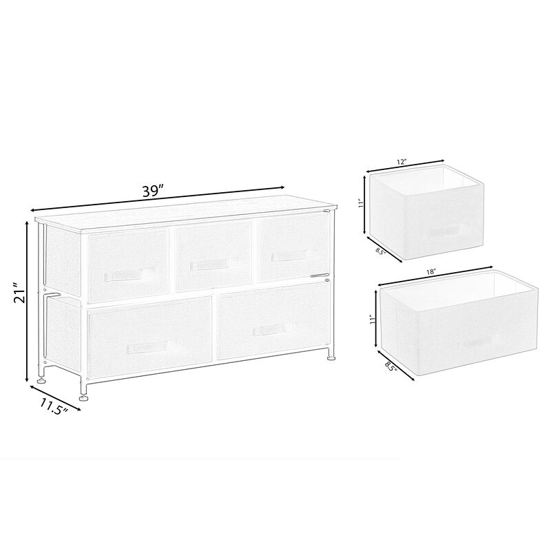 Charcoal Five Fabric Storage Drawer Unit, Wooden Top Dresser Tower, 2 Sizes Bins, Gray, 5 Drawers