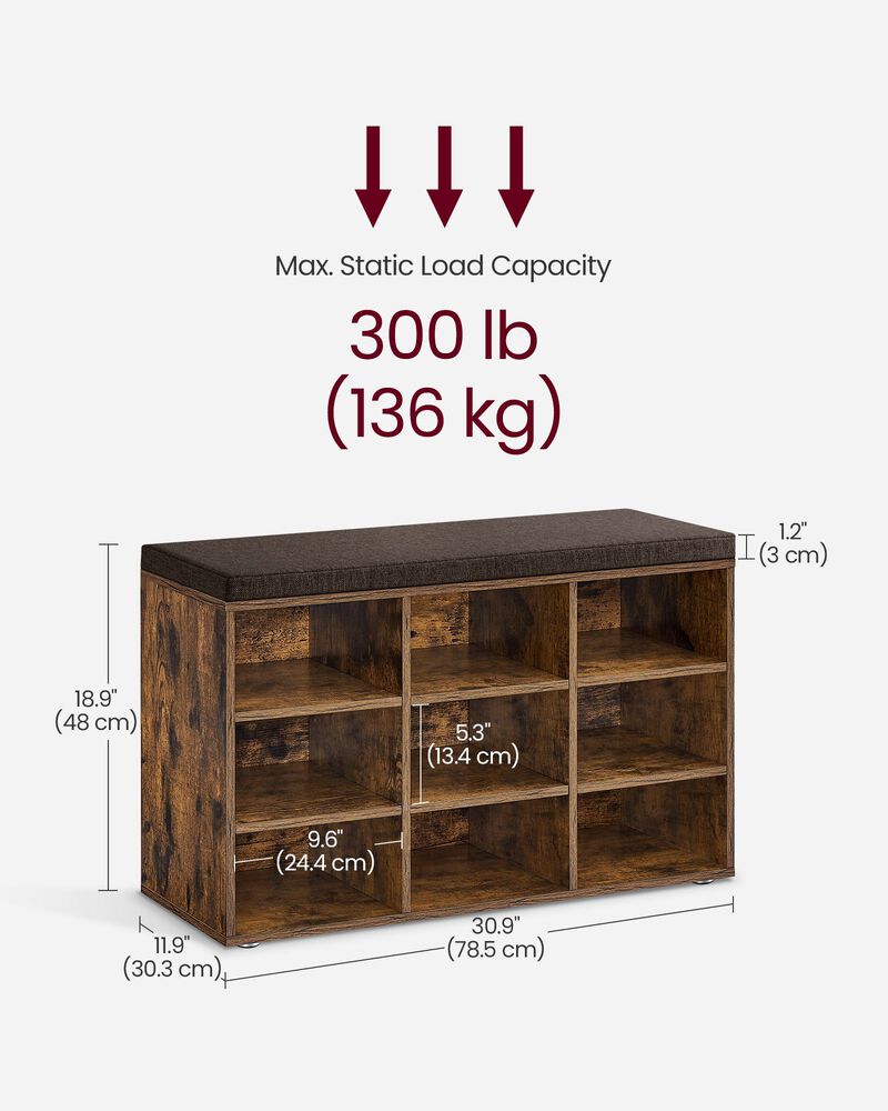 Cubbie Shoe Cabinet with Cushion Seat and Adjustable Shelves - Storage Bench for Entryway