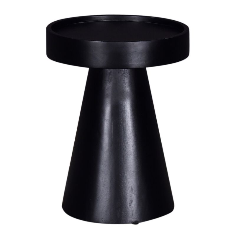 Side End Table, 16 Inch Raised Edge Round Top, Flared Base, Black Wood - Benzara