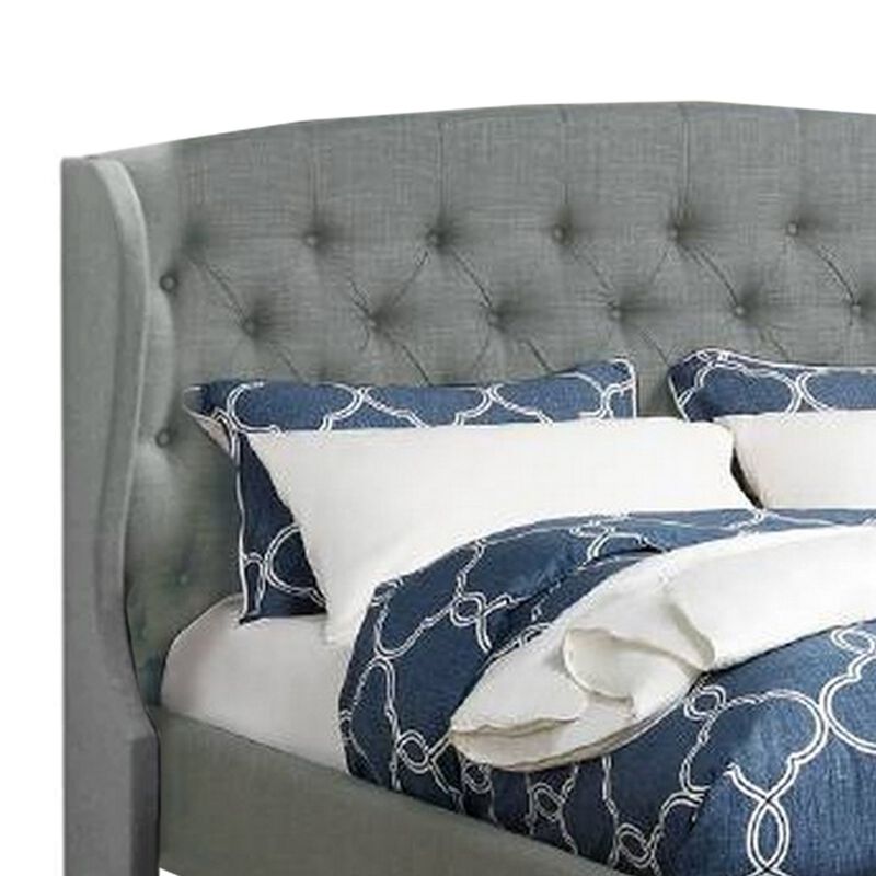 Jimi Queen Bed, Button Tufted Light Gray Polyester Upholstered Headboard - Benzara