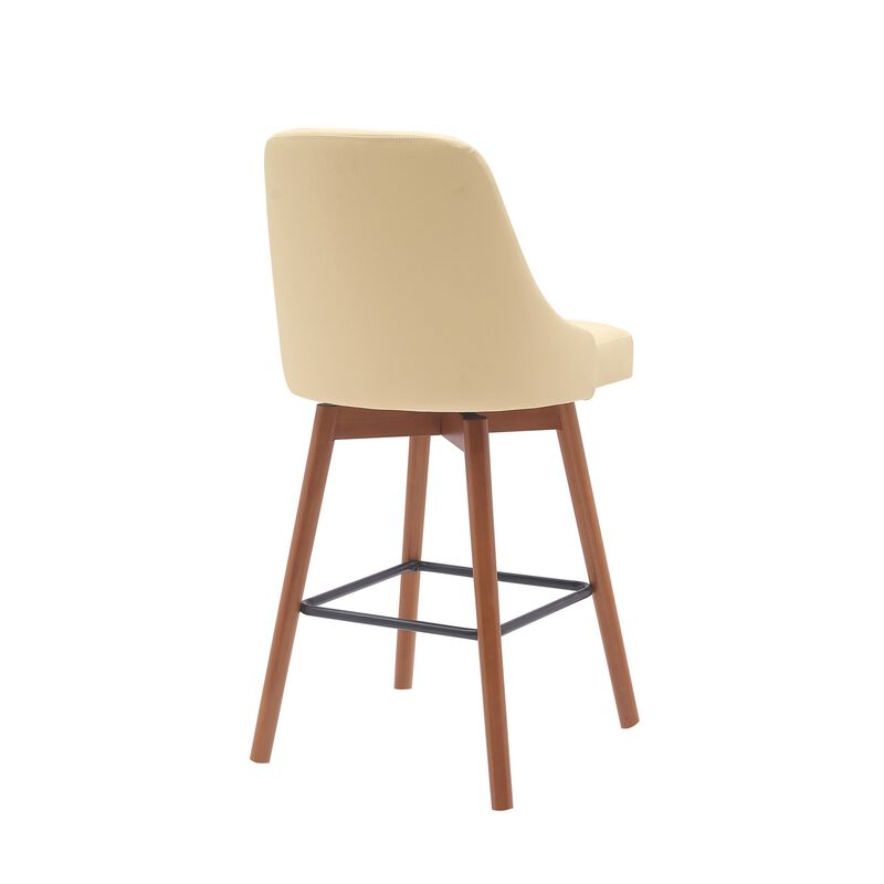 Sean 26 Inch Counter Stool Chair, Swivel, Parson, Cream Faux Leather, Brown - Benzara