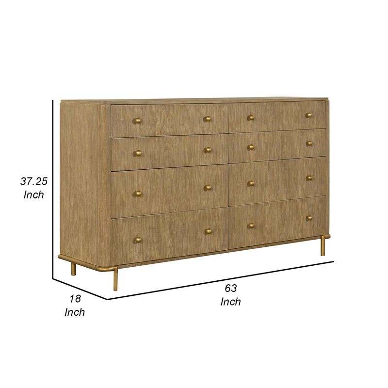 Benjara Sea 63 Inch Modern Dresser with 8 Drawers, Slender Legs, Natural Brown Wood