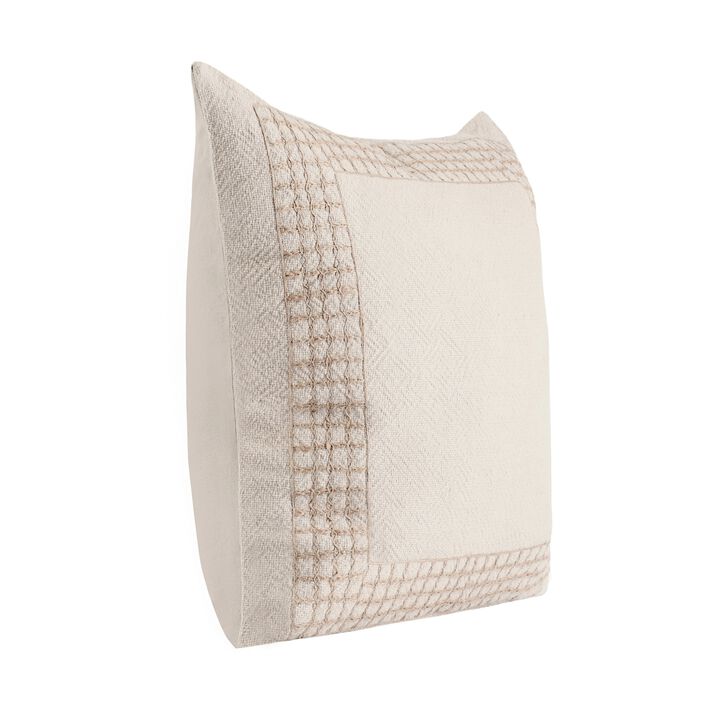 Throw Pillow, Jute Linen Embroidery Pattern, Square 26 Inch Beige - Benzara