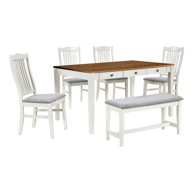 Mid-Century 6-Piece Wood Dining Table Set, Kitchen Table Set With Drawer, Upholstered Chairs